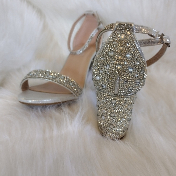 Silver beaded Rhinestone 3 inch Bling Glitter Party Modern Strappy heels size 10 - Picture 5 of 11